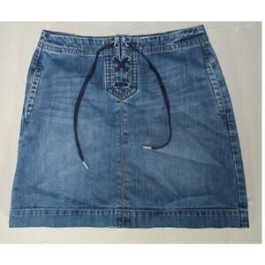 Ann Taylor LOFT Blue Denim Lace-Up Front Mini Skirt Size 6 Cotton Zip Back